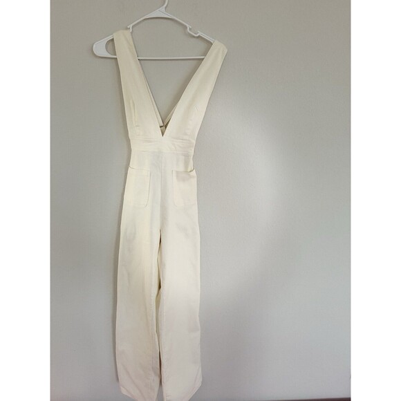 Sincerely Jules Pants - NWT Sincerely Jules Denim V Cut Beige Jumpsuit Cross Back Size S Frenchy